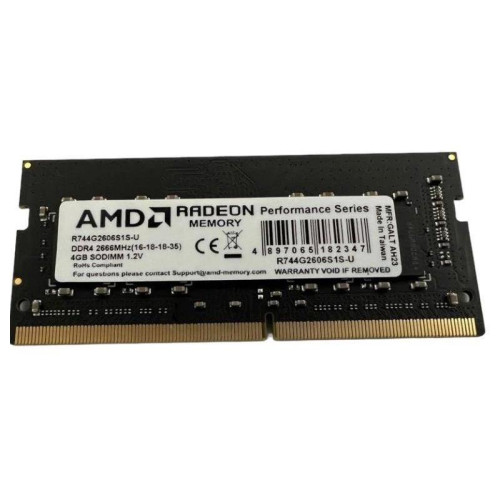 Оперативная память DDR4 4Gb 2666MHz AMD R744G2606S1S-U Radeon R7 Performance Series RTL PC4-21300 CL16 SO-DIMM 260-pin 1.2В Ret [R744G2606S1S-U]