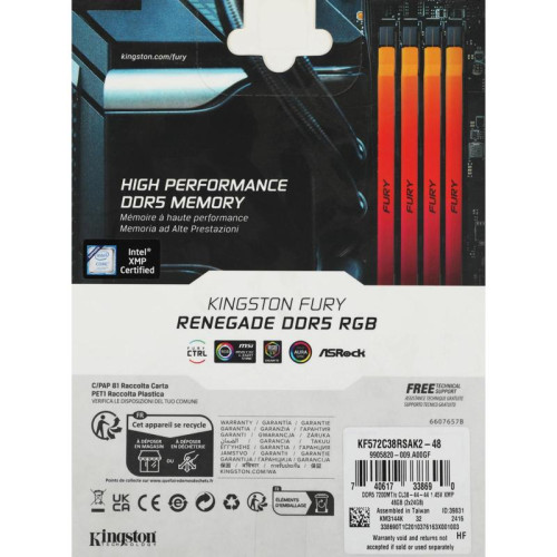 Оперативная память DDR5 2x24GB 7200MHz Kingston KF572C38RSAK2-48 Fury Renegade XMP RGB RTL Gaming PC5-57600 CL38 DIMM 288-pin 1.45В kit single rank с радиатором Ret [KF572C38RSAK2-48]