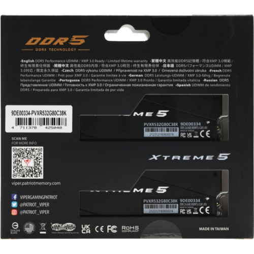 Оперативная память DDR5 2x16Gb 8000MHz Patriot PVXR532G80C38K Viper Xtreme 5 RGB RTL Gaming PC5-64000 CL38 DIMM 288-pin 1.45В с радиатором Ret [PVXR532G80C38K]