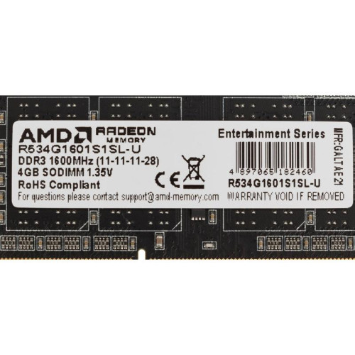 Память DDR3 4Gb 1600MHz AMD R534G1601S1SL-U R5 RTL PC3-12800 CL11 SO-DIMM 204-pin 1.35В Ret