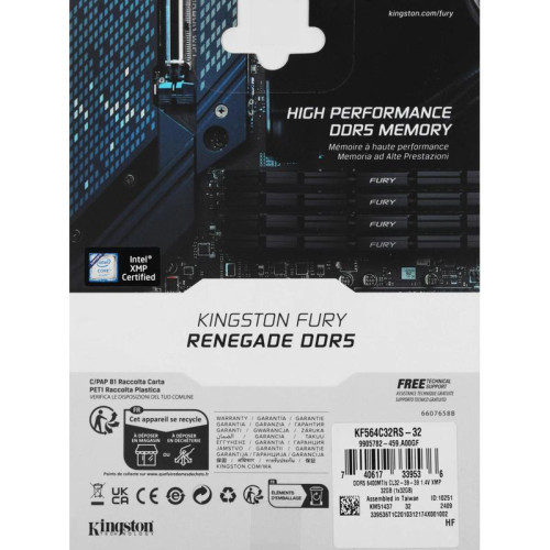 Оперативная память DDR5 32GB 6400MHz Kingston KF564C32RS-32 Fury Renegade Silver XMP RTL Gaming PC5-51200 CL32 DIMM 288-pin 1.4В с радиатором Ret [KF564C32RS-32]