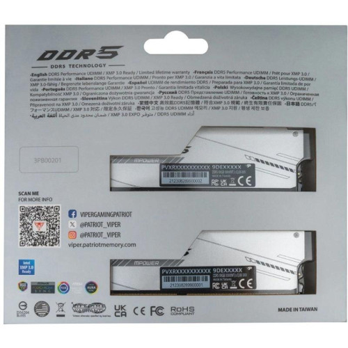 Память DDR5 2x24GB 6400MHz Patriot PVXR548G64C32KM Viper Xtreme 5 RGB RTL Gaming PC5-51200 CL32 DIMM 288-pin 1.4В с радиатором Ret