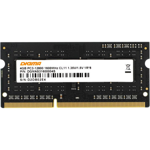 Оперативная память DDR3 4GB 1600MHz Digma DGMAS31600004S RTL PC3-12800 CL11 SO-DIMM 204-pin 1.35В single rank Ret [DGMAS31600004S]