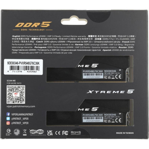 Оперативная память DDR5 2x24GB 7600MHz Patriot PVXR548G76C36K Viper Xtreme 5 RGB RTL Gaming PC5-60800 CL36 DIMM 288-pin 1.45В с радиатором Ret [PVXR548G76C36K]