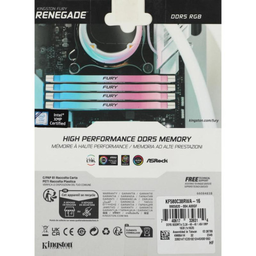 Оперативная память DDR5 16GB 8000MHz Kingston KF580C38RWA-16 Fury Renegade RGB RTL Gaming PC5-57600 CL38 DIMM 288-pin 1.45В single rank с радиатором Ret [KF580C38RWA-16]