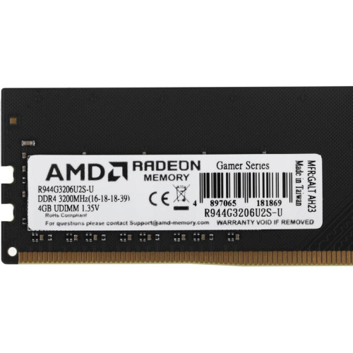 Оперативная память DDR4 4GB 3200MHz AMD R944G3206U2S-U Radeon R9 Gamer Series RTL PC4-25600 CL16 DIMM 288-pin 1.35В Ret [R944G3206U2S-U]