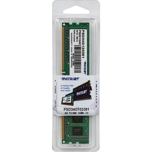 Оперативная память DDR3 4Gb 1333MHz Patriot PSD34G133381 RTL PC3-10600 CL9 DIMM 240-pin 1.5В single rank Ret [PSD34G133381]
