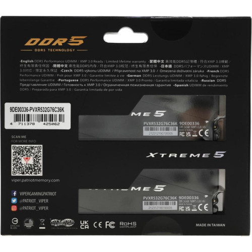 Оперативная память DDR5 2x16Gb 7600MHz Patriot PVXR532G76C36K Viper XTREME RGB RTL Gaming PC5-60800 CL36 DIMM 288-pin 1.45В с радиатором Ret [PVXR532G76C36K]