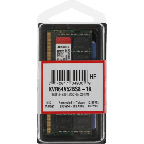 Память оперативная/ Kingston 16GB 6400MT/s DDR5 Non-ECC CL52 CSODIMM 1Rx8