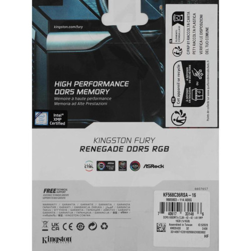 Оперативная память DDR5 16GB 6800MHz Kingston KF568C36RSA-16 Fury Renegade Silver XMP RGB RTL Gaming PC5-54400 CL36 DIMM 288-pin 1.4В kit с радиатором Ret [KF568C36RSA-16]