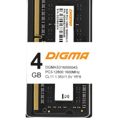 Оперативная память DDR3 4GB 1600MHz Digma DGMAS31600004S RTL PC3-12800 CL11 SO-DIMM 204-pin 1.35В single rank Ret [DGMAS31600004S]