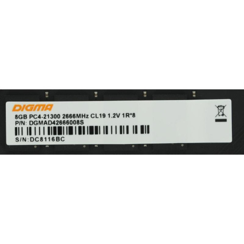 Оперативная память DDR4 8Gb 2666MHz Digma DGMAD42666008S RTL PC4-21300 CL19 DIMM 288-pin 1.2В single rank Ret [DGMAD42666008S]