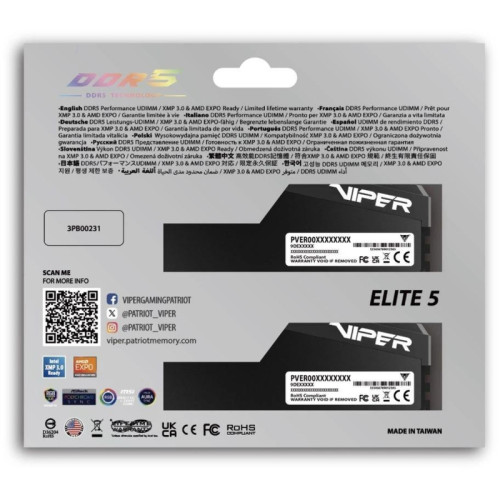 Оперативная память DDR5 2x32GB 6000MHz Patriot VEUR564G6028K Viper Elite 5 Ultra RGB RTL Gaming PC5-48000 CL28 DIMM 288-pin 1.4В kit single rank с радиатором Ret Оперативная память DDR5 2x32GB 6000MHz Patriot VEUR564G6028K Viper Elite 5 Ultra RGB RTL Gaming PC5-48000 CL28 DIMM 288-pin 1.4В kit single rank с радиатором Ret