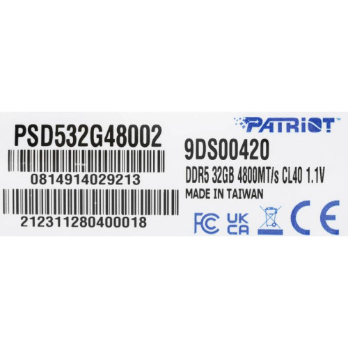Оперативная память DDR5 32GB 4800MHz Patriot PSD532G48002 Signature RTL PC5-38400 CL40 DIMM 288-pin 1.1В dual rank Ret [PSD532G48002]