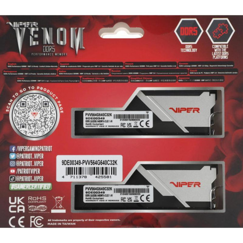 Оперативная память DDR5 2x32GB 6400MHz Patriot PVV564G640C32K Viper Venom RTL Gaming PC5-51200 CL32 UDIMM 288-pin 1.4В с радиатором Ret [PVV564G640C32K]