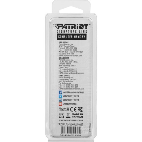 Оперативная память DDR4 4Gb 2666MHz Patriot PSD44G266681 Signature RTL PC4-21300 CL19 DIMM 288-pin 1.2В single rank Ret [PSD44G266681]