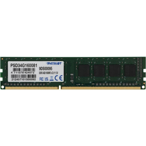 Оперативная память DDR3 4Gb 1600MHz Patriot PSD34G160081 RTL PC3-12800 CL11 DIMM 240-pin 1.5В single rank Ret [PSD34G160081]
