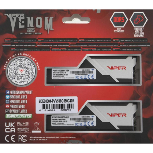 Память DDR5 2x8Gb 5600MHz Patriot PVV516G560C40K Viper Venom RTL Gaming PC5-44800 CL40 DIMM 288-pin 1.25В kit с радиатором Ret