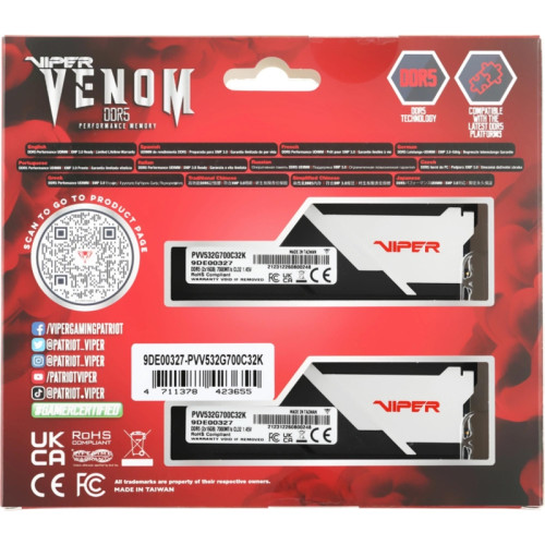 Оперативная память DDR5 2x16Gb 7000MHz Patriot PVV532G700C32K Viper Venom RTL Gaming PC5-56000 CL32 DIMM 288-pin 1.45В kit с радиатором Ret [PVV532G700C32K]