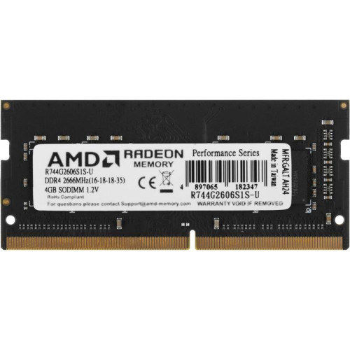 Оперативная память DDR4 4Gb 2666MHz AMD R744G2606S1S-U Radeon R7 Performance Series RTL PC4-21300 CL16 SO-DIMM 260-pin 1.2В Ret [R744G2606S1S-U]