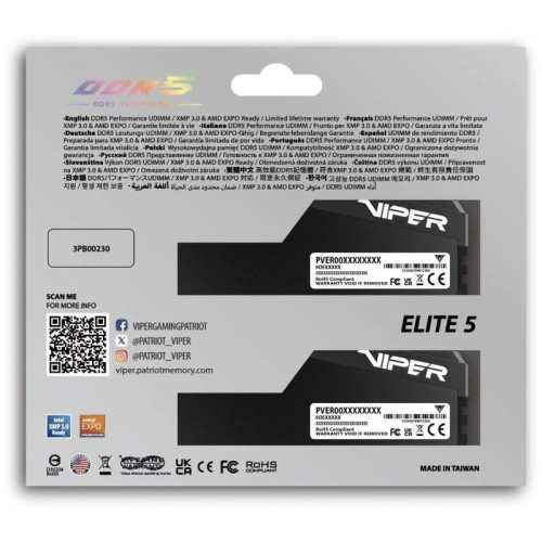 Оперативная память DDR5 2x16GB 6000MHz Patriot VEU532G6028K Viper Elite 5 Ultra RTL Gaming PC5-48000 CL28 DIMM 288-pin 1.4В kit single rank с радиатором Ret