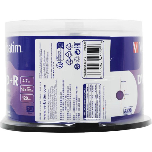 Диск DVD+R Verbatim 4.7Gb 16x Cake Box (50шт) Printable (43512)