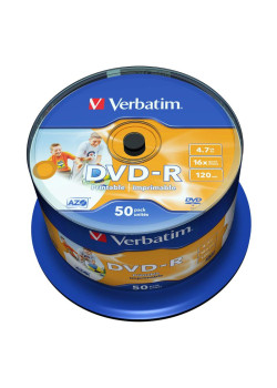 Диск DVD-R Verbatim 4.7Gb 16x Cake Box (50шт) Printable (43533)