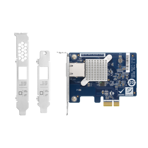 Сетевая карта/ QNAP QXG-5G1T-111C PCIe Gen2 x1, Single-port 4-speed 5 GbE network expansion card (5Gbps/ 2.5Gbps/ 1Gbps/ 100Mbps)  Low-profile bracket pre-installed; full-height and specialized brackets are bundled