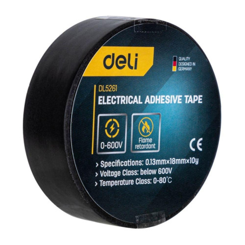Изолента Deli DL5261 0,13мм х 18мм х 10м, напряжения до 600В, температурный рейтинг 0-80, ПВХ