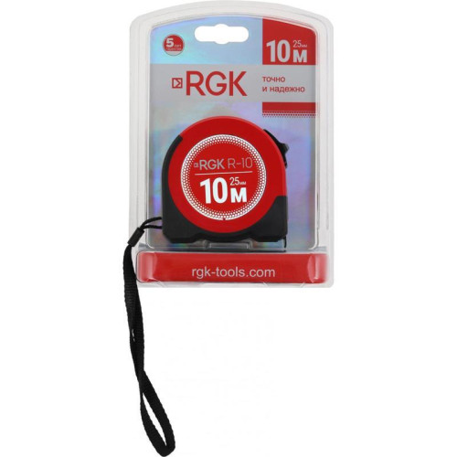 Рулетка строительная RGK R10 дл.полотна 10м изм.шкала в см зацеп простой красный/черный (774918)