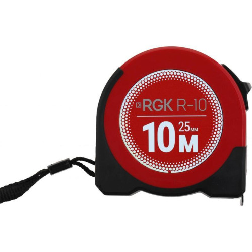 Рулетка строительная RGK R10 дл.полотна 10м изм.шкала в см зацеп простой красный/черный (774918)
