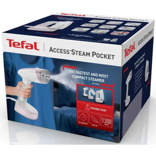 Ручной отпариватель Tefal/ Ручной отпариватель Tefal DT3050E1 Ручной отпариватель Tefal, мощность 1300 Вт, подача пара 20 г/мин, резервуар для воды 120 мл, электронное управление, вертикальное отпаривание, цвет белый/розовый