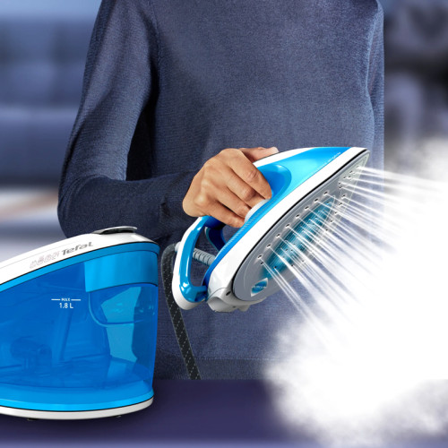 Парогенератор Tefal/ Парогенератор Tefal SV8002E0 Парогенератор Tefal, объем резервуара 1800 мл, автоматическое отключение, вертикальное отпаривание, давление 6 бар, подача пара 120 г/мин, паровой удар 380 г/мин, цвет голубой/белый