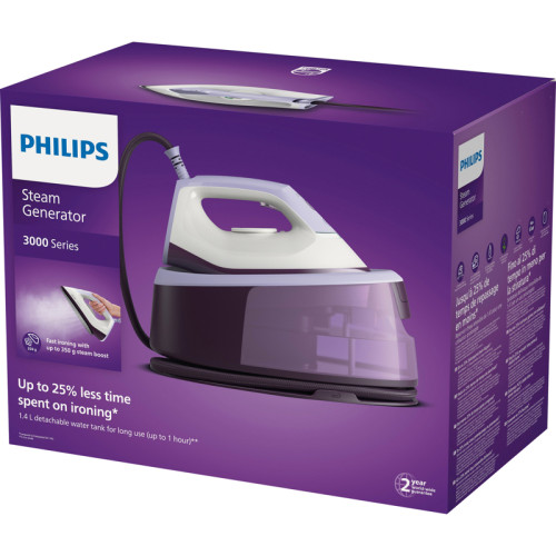 Парогенератор Philips/ Парогенератор Philips PSG3000/30 Парогенератор Philips, мощность 2400 Вт, объем 1.4 л , подача пара 120 г/мин, паровой удар 350 г/мин, вертикальное отпаривание, цвет фиолетовый