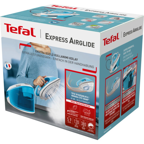 Парогенератор Tefal/ Парогенератор Tefal SV8002E0 Парогенератор Tefal, объем резервуара 1800 мл, автоматическое отключение, вертикальное отпаривание, давление 6 бар, подача пара 120 г/мин, паровой удар 380 г/мин, цвет голубой/белый