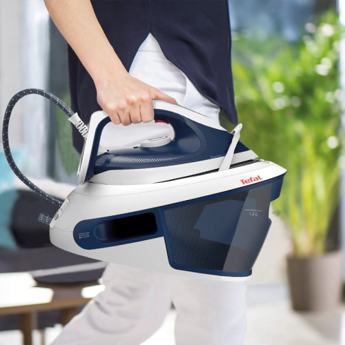 Парогенератор Tefal/ Парогенератор Tefal SV8001E1 Парогенератор Tefal, объем резервуара 1800 мл, автоматическое отключение, вертикальное отпаривание, давление 6 бар, подача пара 120 г/мин, паровой удар 410 г/мин, цвет синий/белый