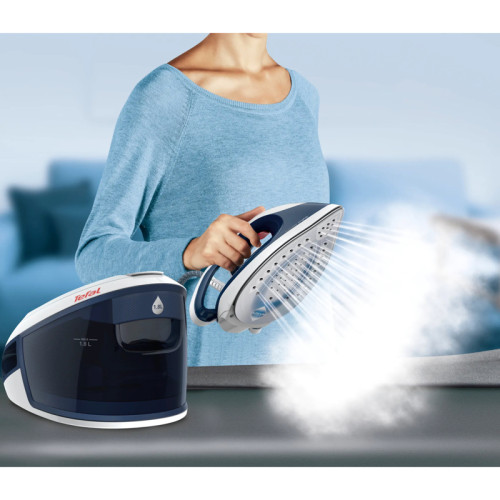 Парогенератор Tefal/ Парогенератор Tefal SV8001E1 Парогенератор Tefal, объем резервуара 1800 мл, автоматическое отключение, вертикальное отпаривание, давление 6 бар, подача пара 120 г/мин, паровой удар 410 г/мин, цвет синий/белый