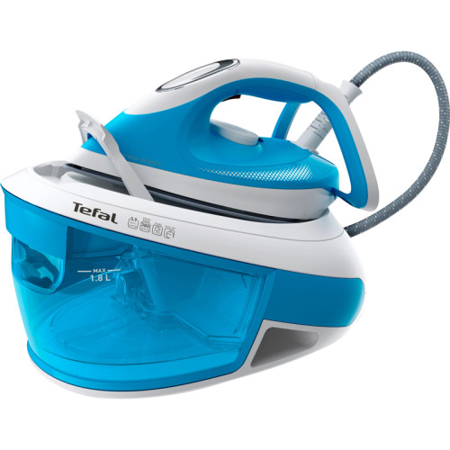 Парогенератор Tefal/ Парогенератор Tefal SV8002E0 Парогенератор Tefal, объем резервуара 1800 мл, автоматическое отключение, вертикальное отпаривание, давление 6 бар, подача пара 120 г/мин, паровой удар 380 г/мин, цвет голубой/белый