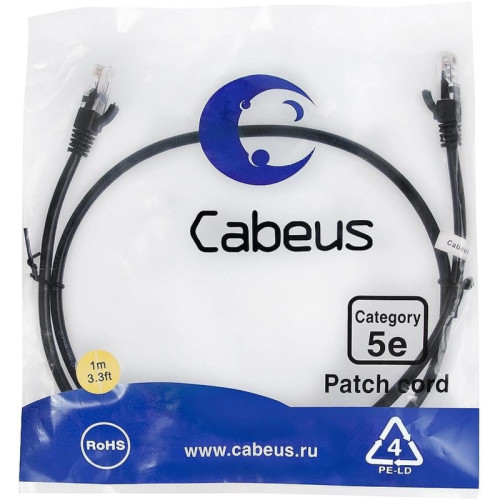 Патч-корд Cabeus PC-UTP-RJ45-CAT.5E-1M-BK-LSZH U/UTP RJ-45 вил.-вилка RJ-45 кат.5E 1м черный LSZH