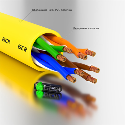 GCR Патч-корд прямой 0.7m UTP кат.5e, желтый, позолоченные контакты, 24 AWG, литой, GCR-LNC02-0.7m, ethernet high speed 1 Гбит/с, RJ45, T568B