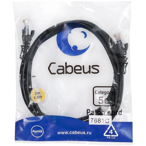 Патч-корд Cabeus PC-UTP-RJ45-CAT.5E-2M-BK-LSZH U/UTP RJ-45 вил.-вилка RJ-45 кат.5E 2м черный LSZH
