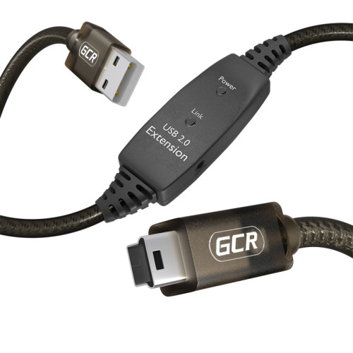 GCR Кабель активный 10.0m USB 2.0, AM/mini 5P, черно-прозрачный, с усилителем сигнала, разъём для доп.питания, 28/24 AWG, GCR-53810