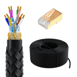 GCR PRO Кабель LAN DIY витая пара 100m в бухте, в оплетке текстиль S/FTP кат.8, медь, многопроволочный, черный + экран. коннекторы RJ-45 8p8c 50шт., GCR-57723