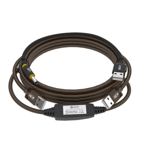 GCR Кабель активный 10.0m USB 2.0, AM/AM, черно-прозрачный, с усилителем сигнала, разъём для доп.питания, 24/22 AWG, GCR-53788