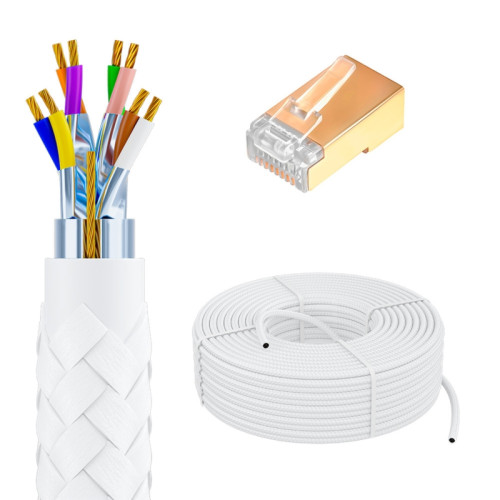 GCR PRO Кабель LAN DIY витая пара 100m в бухте, F/FTP кат.7, медь, многопроволочный, в оплетке текстиль, белый + экран. коннекторы RJ-45 8p8c 50шт., GCR-56767