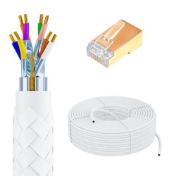 GCR PRO Кабель LAN DIY витая пара 50m в бухте, F/FTP кат.7, медь, многопроволочный, в оплетке текстиль, белый + экран. коннекторы RJ-45 8p8c 20шт., GCR-56768