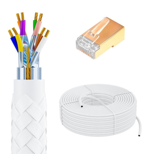 GCR PRO Кабель LAN DIY витая пара 50m в бухте, F/FTP кат.7, медь, многопроволочный, в оплетке текстиль, белый + экран. коннекторы RJ-45 8p8c 20шт., GCR-56768