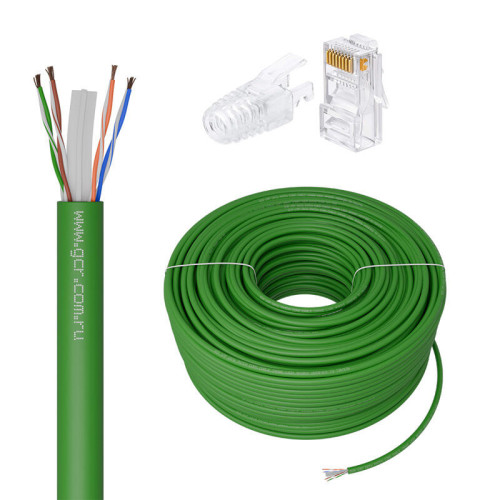 GCR Кабель LAN DIY витая пара 100m в бухте, LSZH UTP кат.6, CCA, зеленый + Коннектор RJ-45 cat.6 UTP 8p8c сборный 50шт. в комплекте, GCR-55780