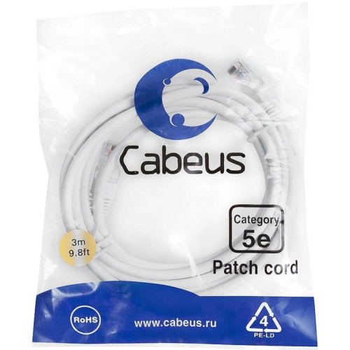 Патч-корд Cabeus PC-UTP-RJ45-CAT.5E-3M-WH U/UTP RJ-45 вил.-вилка RJ-45 кат.5E 3м белый ПВХ