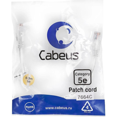 Патч-корд Cabeus PC-UTP-RJ45-Cat.5e-0.3m-WH U/UTP RJ-45 вил.-вилка RJ-45 кат.5E 0.3м белый ПВХ